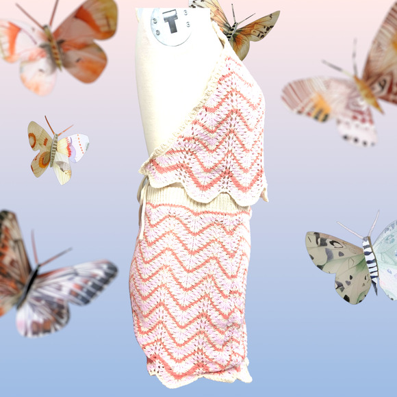 Women’s Crochet 2 Piece Set Skirt Cropped Top Backless Pink Orange Beige New WT - Picture 6 of 16